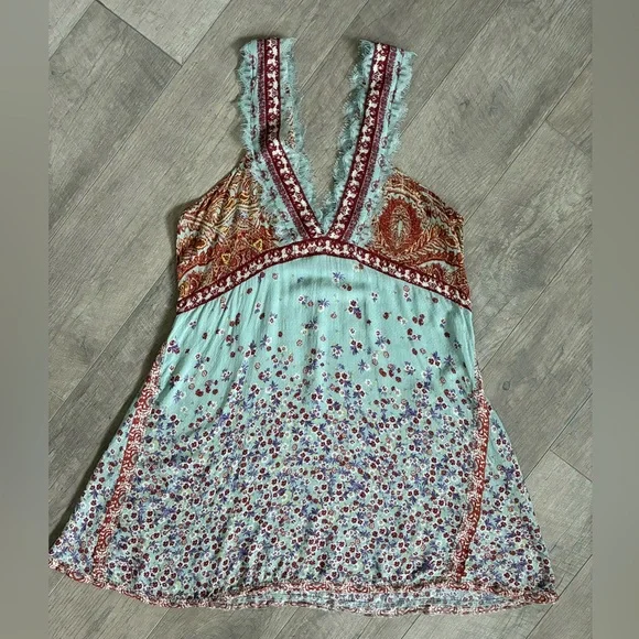 Free People Intimately East Willow Mint Multi Floral Lace-Trim V-Neck Mini Dress - Picture 8 of 8